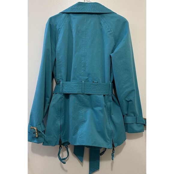 Tulle Turquoise Trench Coat Floral Bird Lining Belted Double Breasted Women’s M - Picture 3 of 9